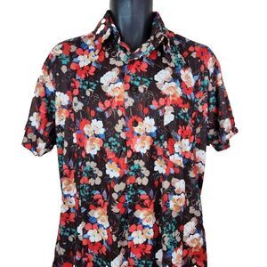 Vintage 70s Button Up Shirt Mens Size M Red Brown Floral Polyester Dagger Collar